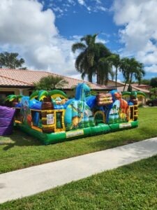 a inflatable bounce house in front of a house